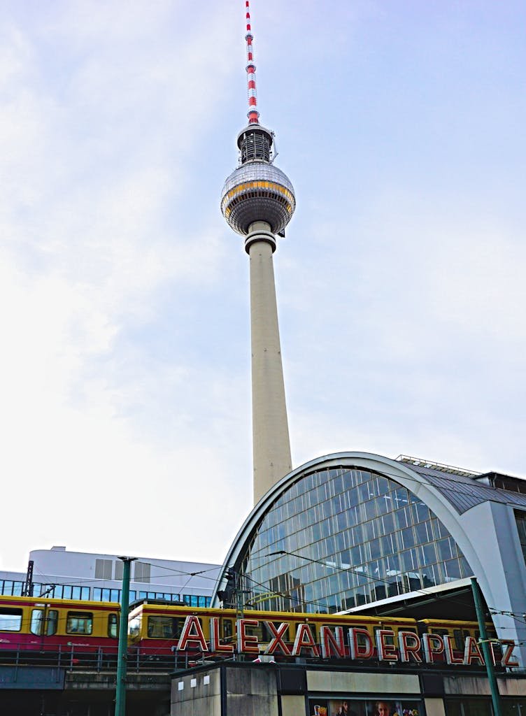 Iconic Fernsehturm tower located in Alexanderplatz, Berlin, Germany. Vegan restaurants at berlin travel destination.