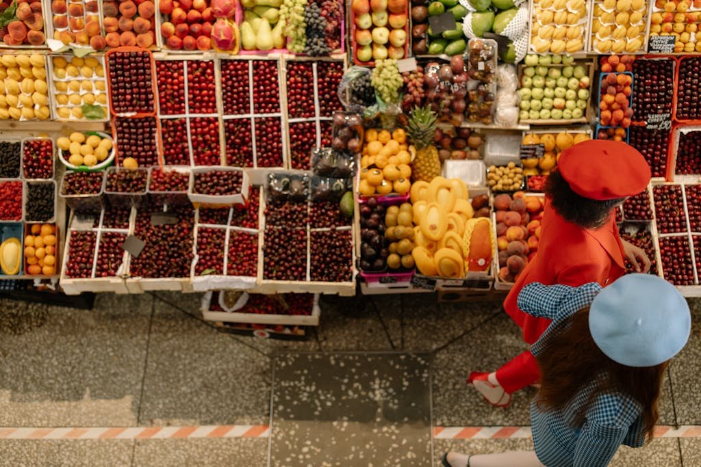 Colorful vegan food spread at an international market.