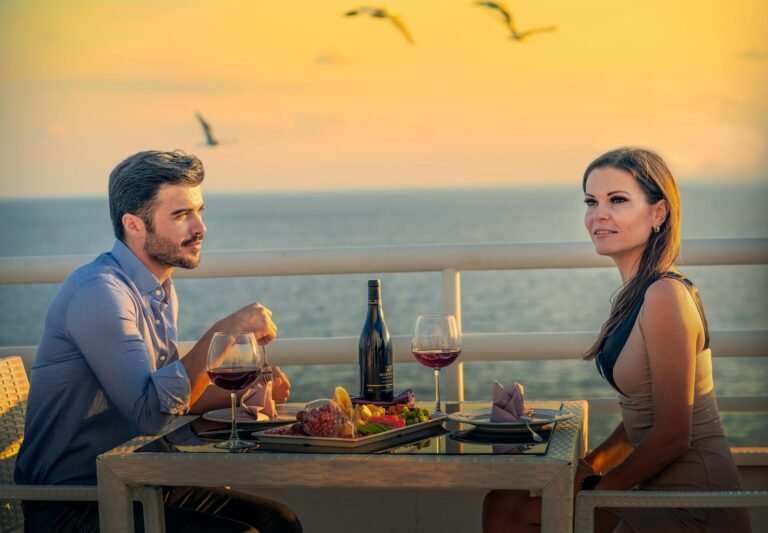 Vegan traveler enjoying a plant-based meal at a cruise ship restaurant with ocean view