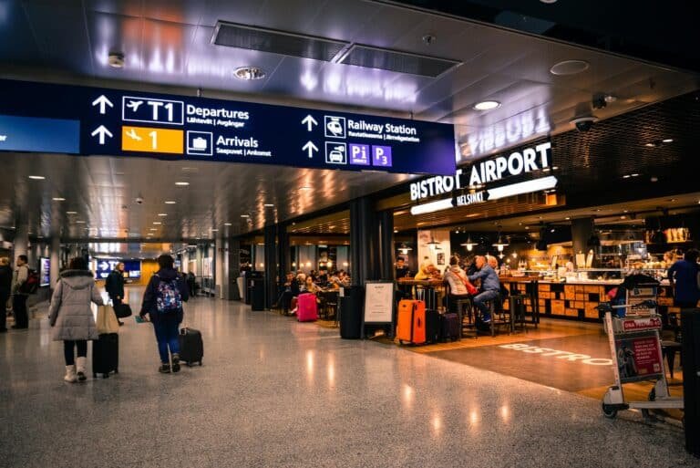 vegan Travelers at Helsinki Airport dining and shopping near departures and arrivals.