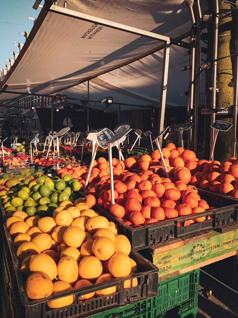 Vibrant fruit stand in Amsterdam itinerary for vegan travel showcasing fresh produce under sunlight.