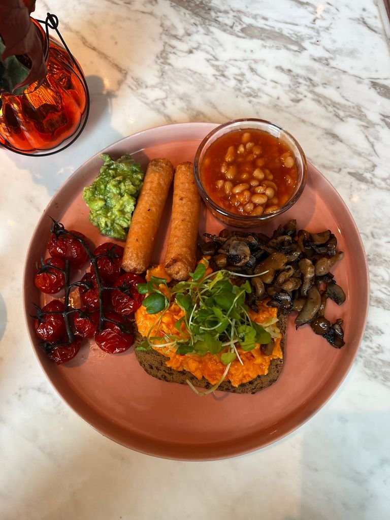 vegan brunch spread at a London restaurant, one of the best vegan-friendly cities in Europe