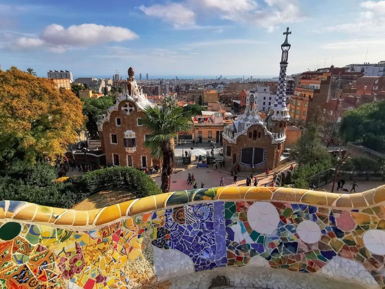 Colorful mosaic architecture at Park Güell, a must-see stop on any vegan Barcelona itinerary
