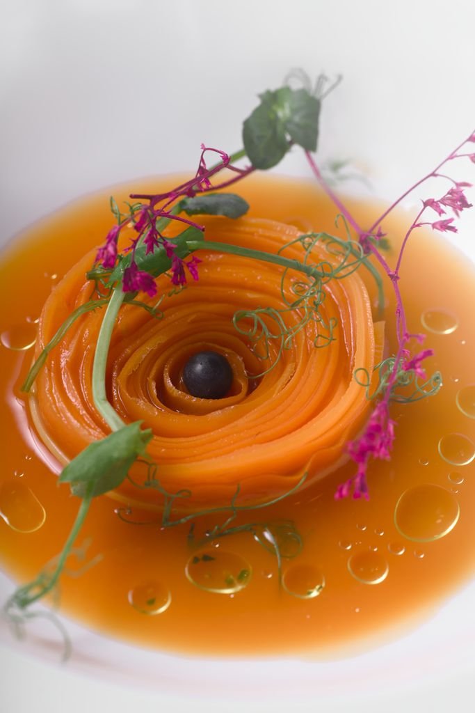 plated vegan tasting menu course at Michelin-starred restaurant