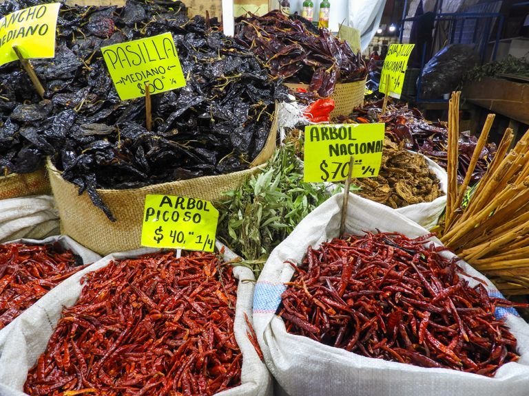 Dried chiles and spices at a Mexico City market stall