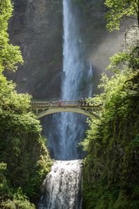 Scenic view of Multnomah Falls cascading behind the iconic Benson Bridge in Oregon. vegan Portland itinerary