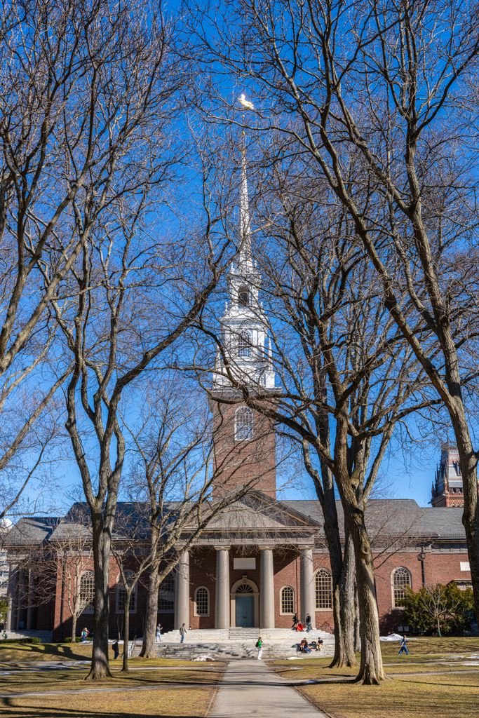 Bright winter day at Memorial Church, Harvard University, Cambridge, Massachusetts. Vegan Cambridge MA