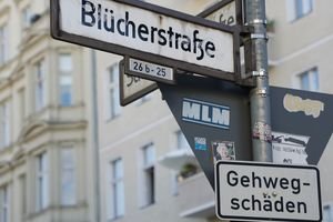 Detailed view of street signs in Blücherstraße, Berlin, Germany.