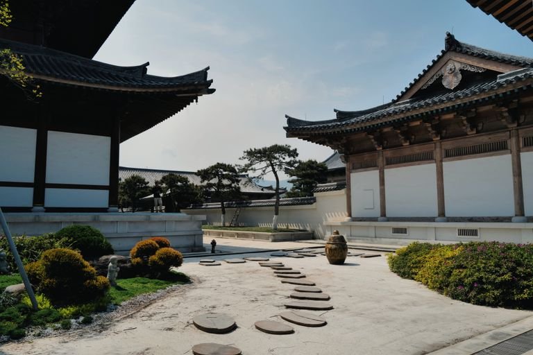 Peaceful courtyard of a traditional Korean temple showcasing serene architecture.
